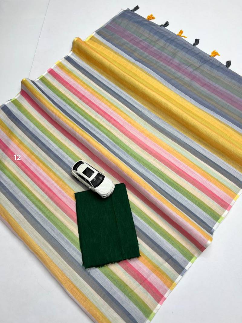 Sc Stripes Linen Cotton Woven Saree With Fancy Tassels Collection