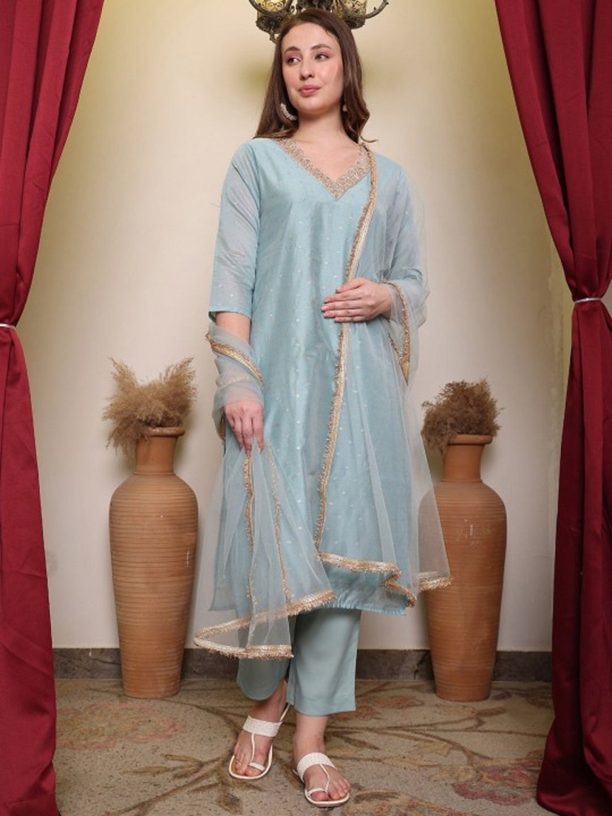 Navya Kurti 121 Party Wear Embroidery Worked Chanderi butti Silk Kurti with Pant and Dupatta Set 