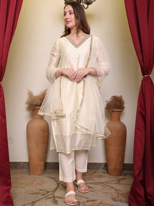 Navya Kurti 121 Party Wear Embroidery Worked Chanderi butti Silk Kurti with Pant and Dupatta Set 