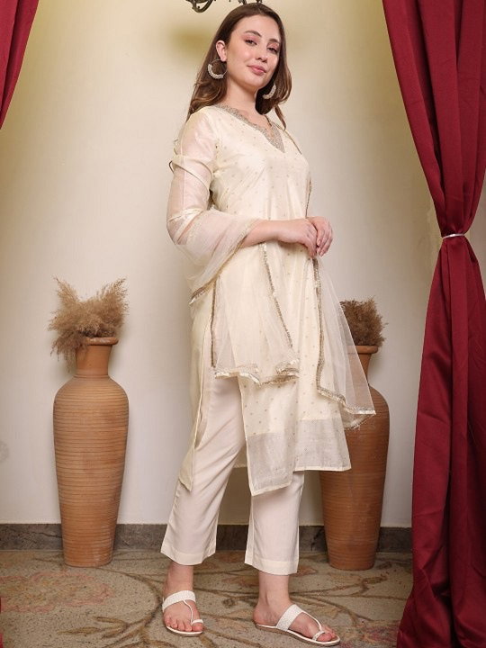 Navya Kurti 121 Party Wear Embroidery Worked Chanderi butti Silk Kurti with Pant and Dupatta Set 