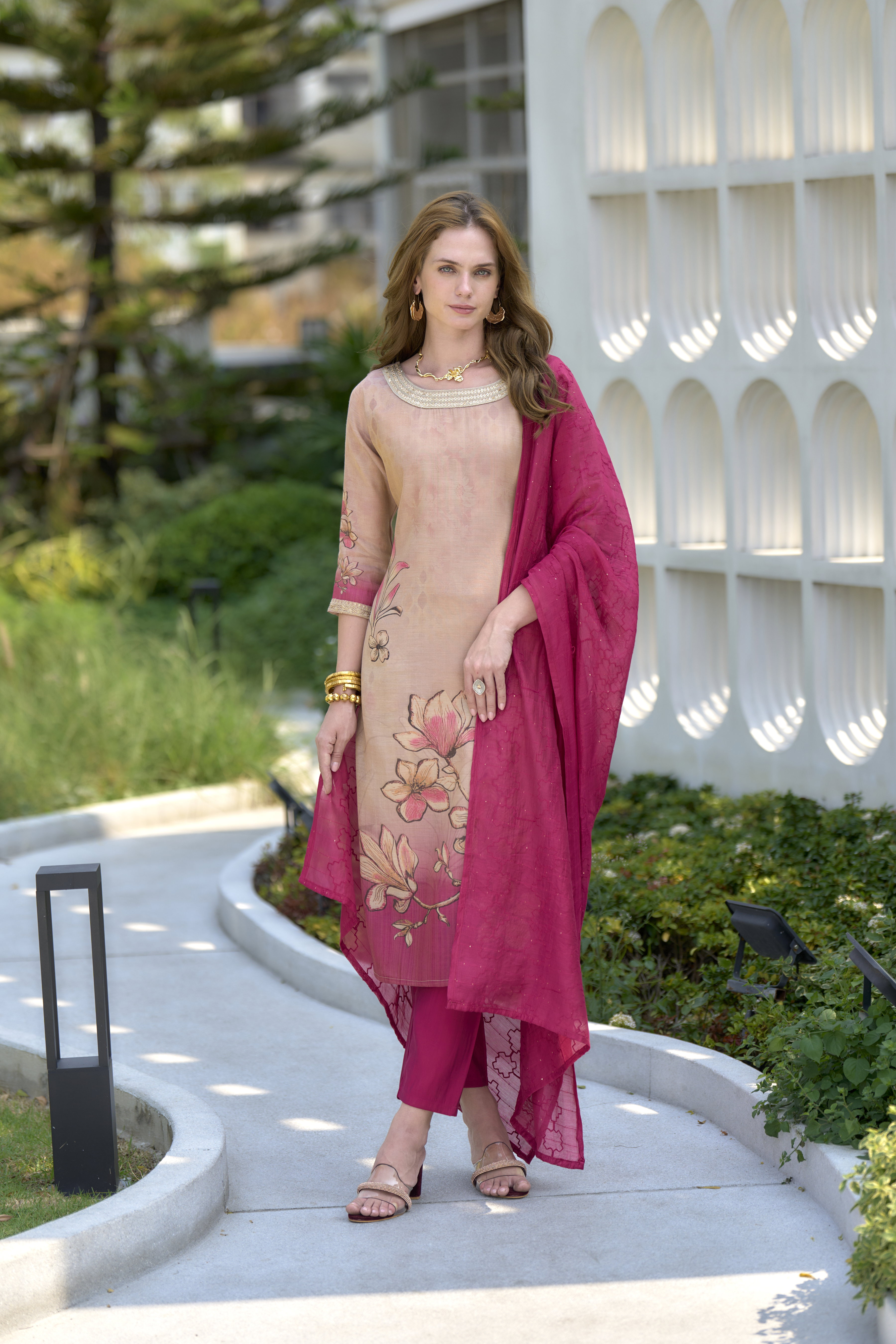 Shiv RY 2007 Cream Tissue Floral Printed Embroidery Kurti Bottom With Dupatta
