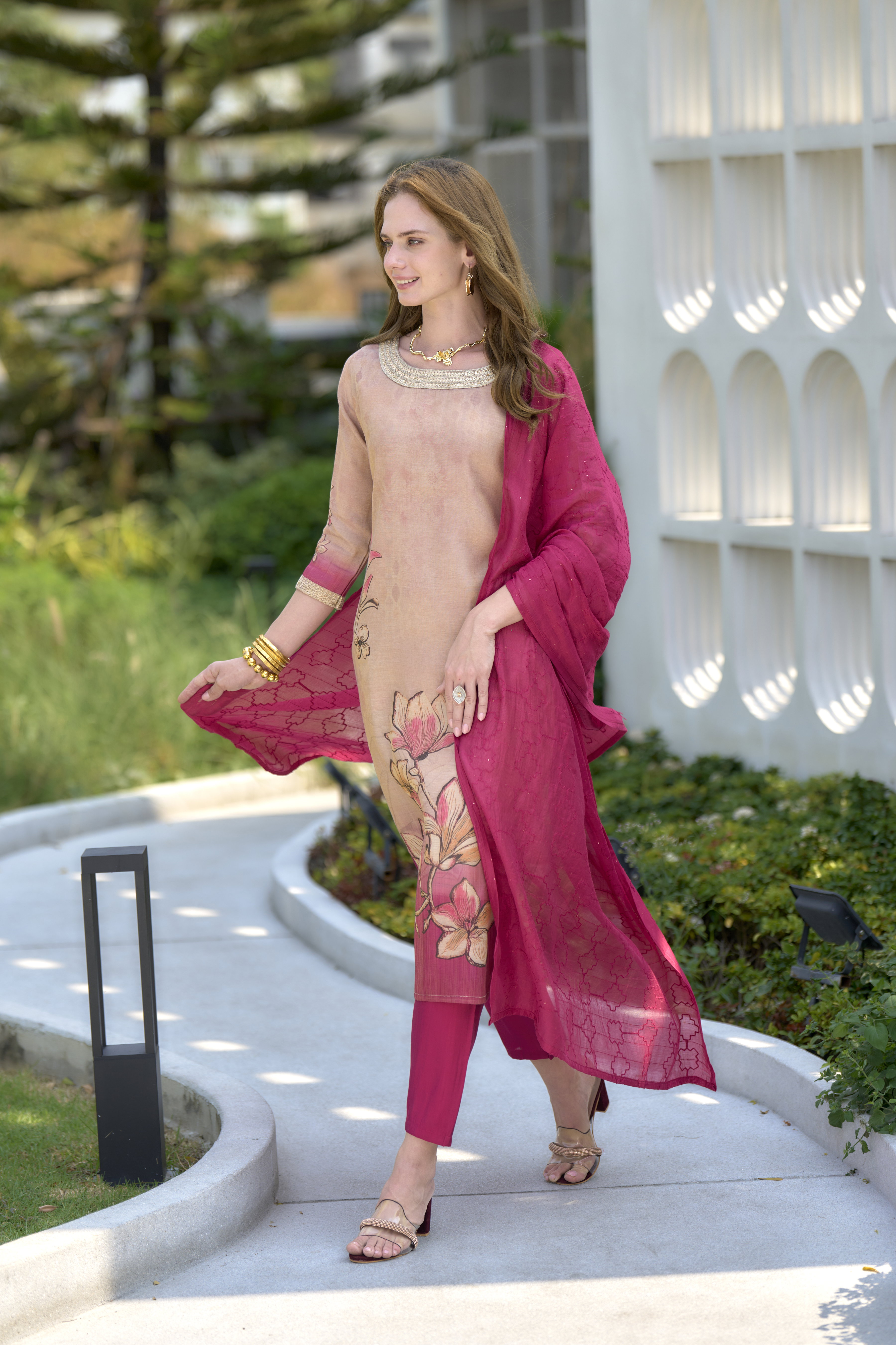 Shiv RY 2007 Cream Tissue Floral Printed Embroidery Kurti Bottom With Dupatta