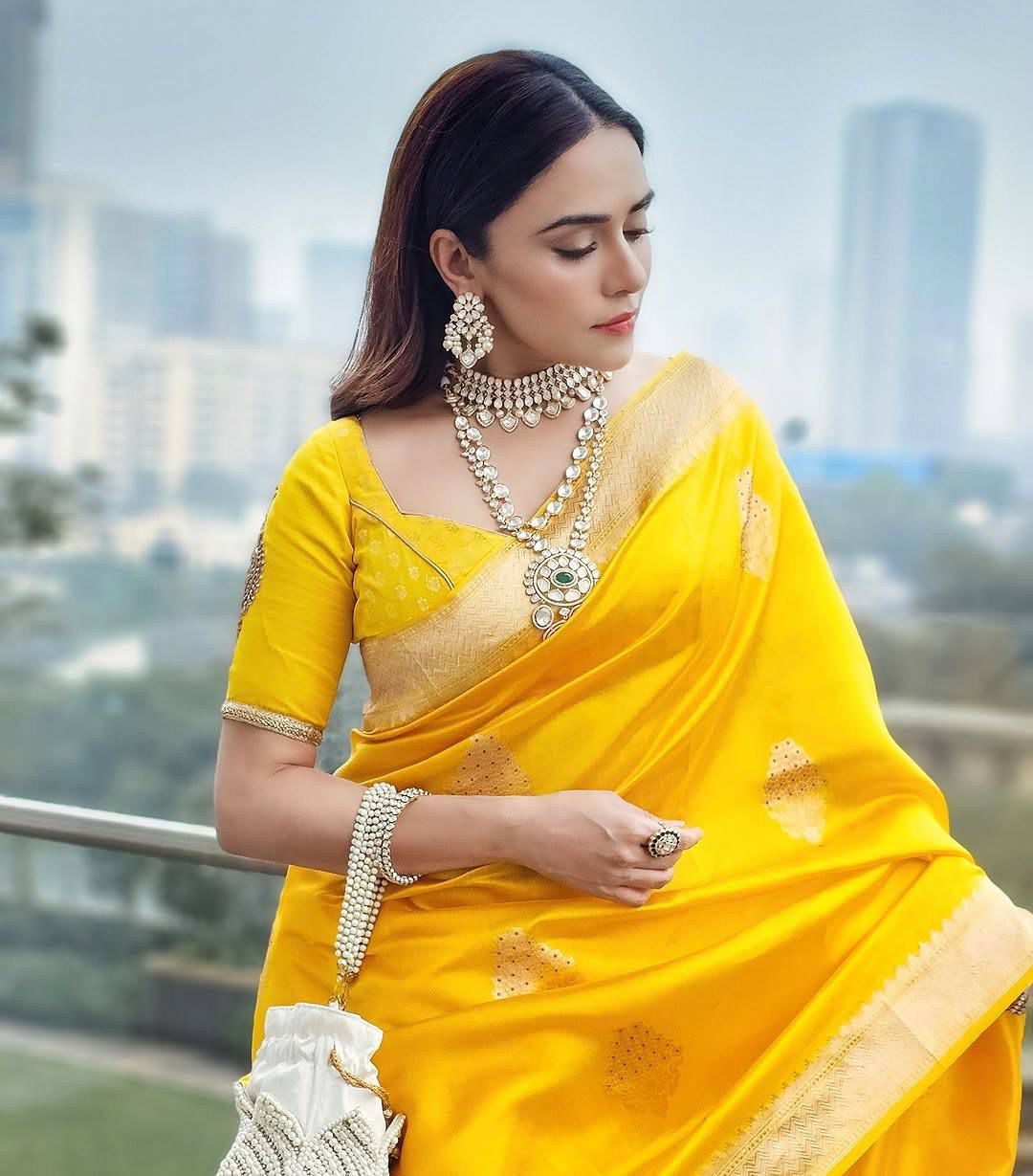 Aab Sara Yellow Soft Lichi Silk Saree With Art Silk Jacquard Border