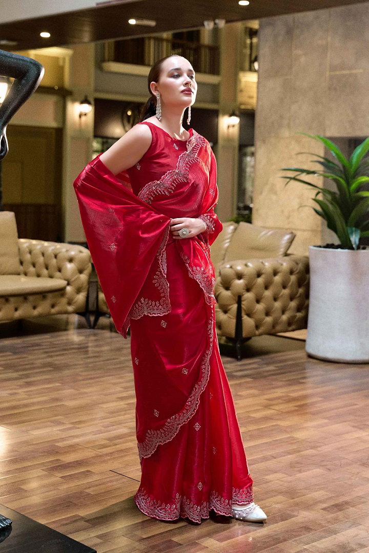 Meera 304 Party Wear Embroidery Worked Shimmer Chiffon Saree with Un Stitched Blouse