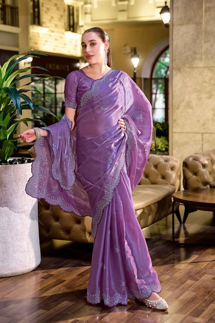 Meera 304 Party Wear Embroidery Worked Shimmer Chiffon Saree with Un Stitched Blouse