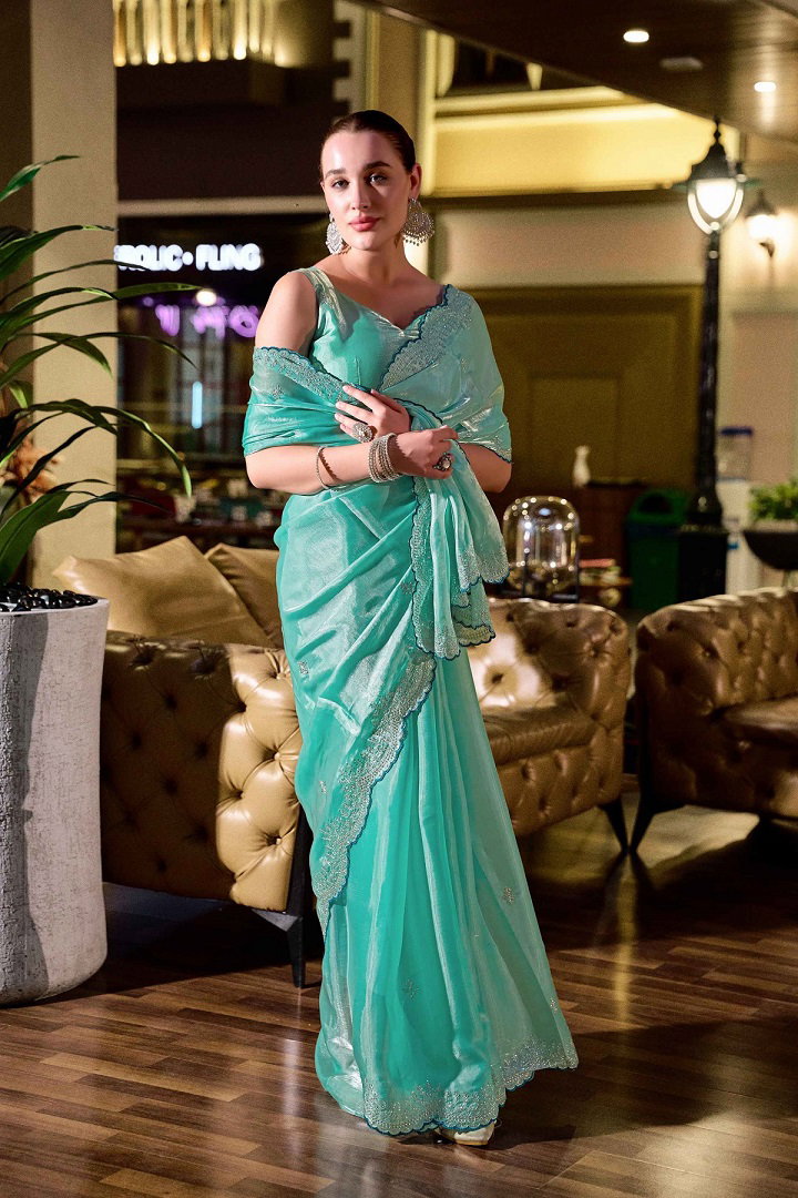 Meera 304 Party Wear Embroidery Worked Shimmer Chiffon Saree with Un Stitched Blouse
