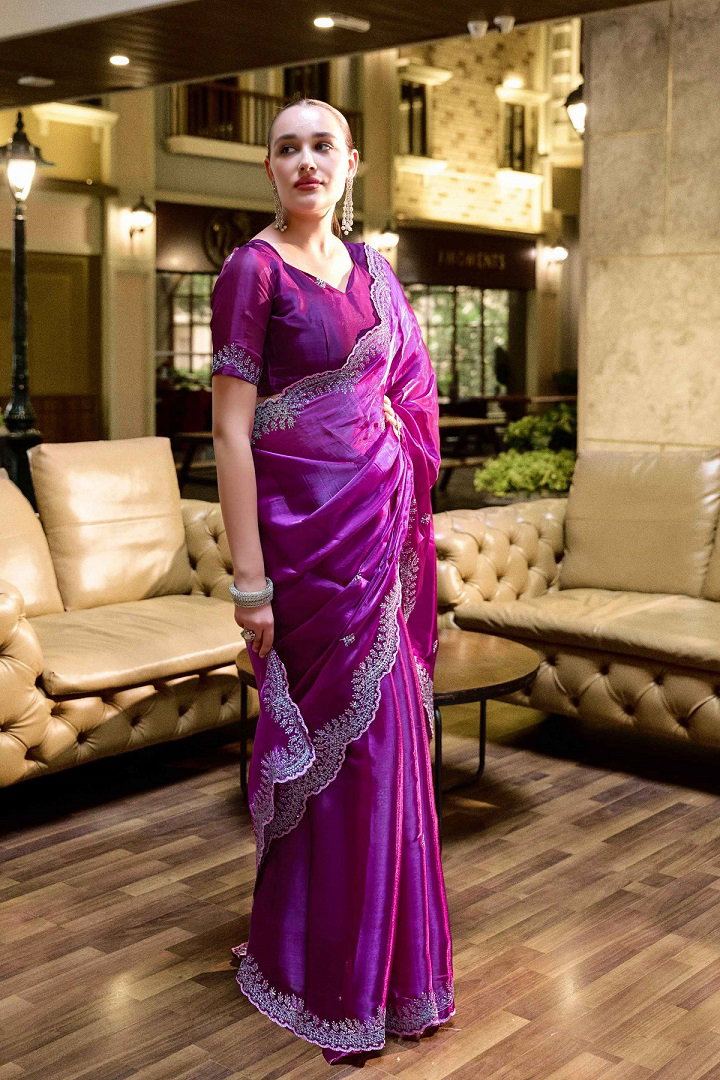 Meera 304 Party Wear Embroidery Worked Shimmer Chiffon Saree with Un Stitched Blouse