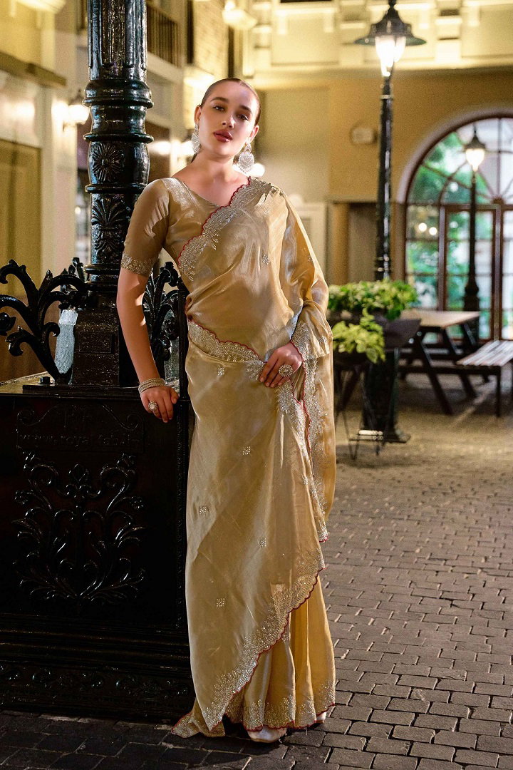 Meera 304 Party Wear Embroidery Worked Shimmer Chiffon Saree with Un Stitched Blouse