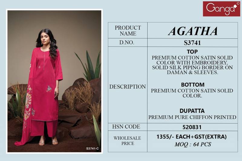Ganga Agatha 3741 Satin Cotton Embroidred Suit Collection