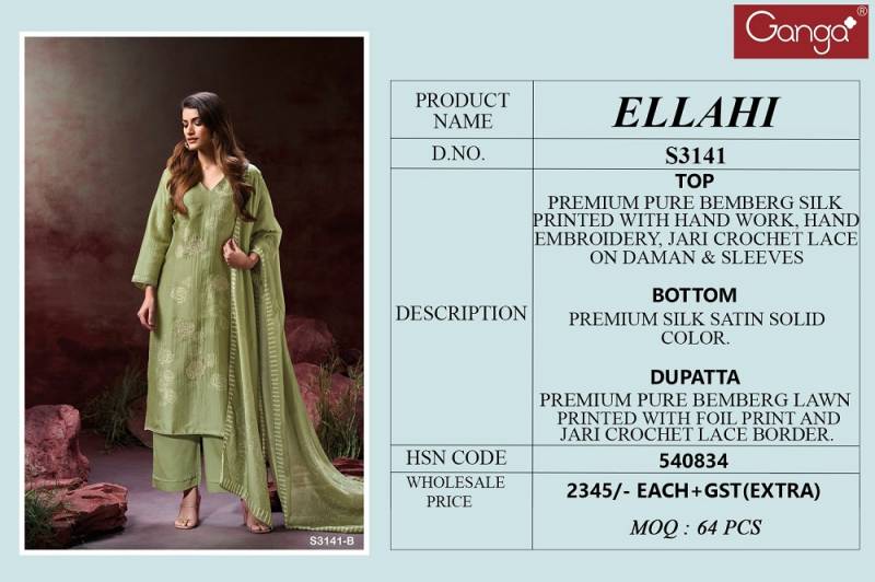Ganga Ellahi 3141 Bemberg Silk Embroidered Suit Collection