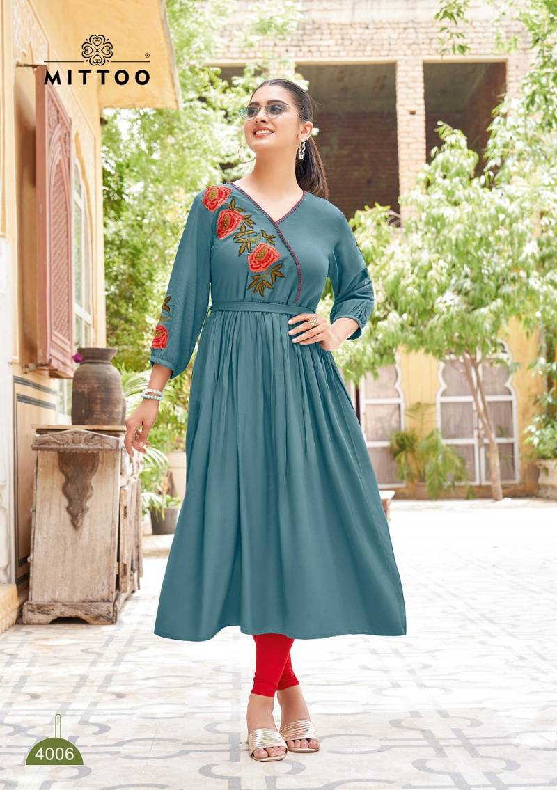 Mittoo Nora Rayon Thread Work Stylish Kurti Collection