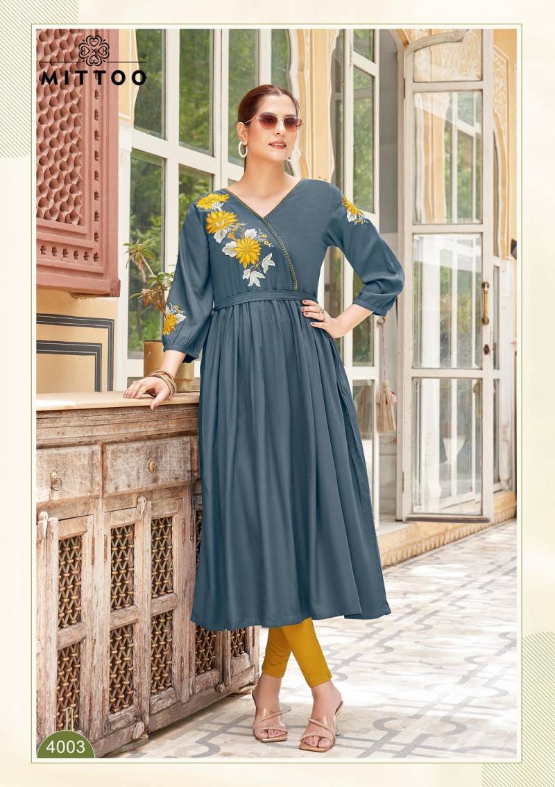 Mittoo Nora Rayon Thread Work Stylish Kurti Collection