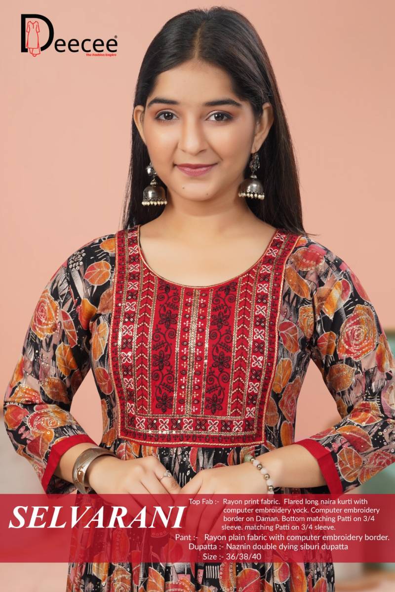 Deecee Selvarani Rayon Printed Naira Cut Kurti Collection