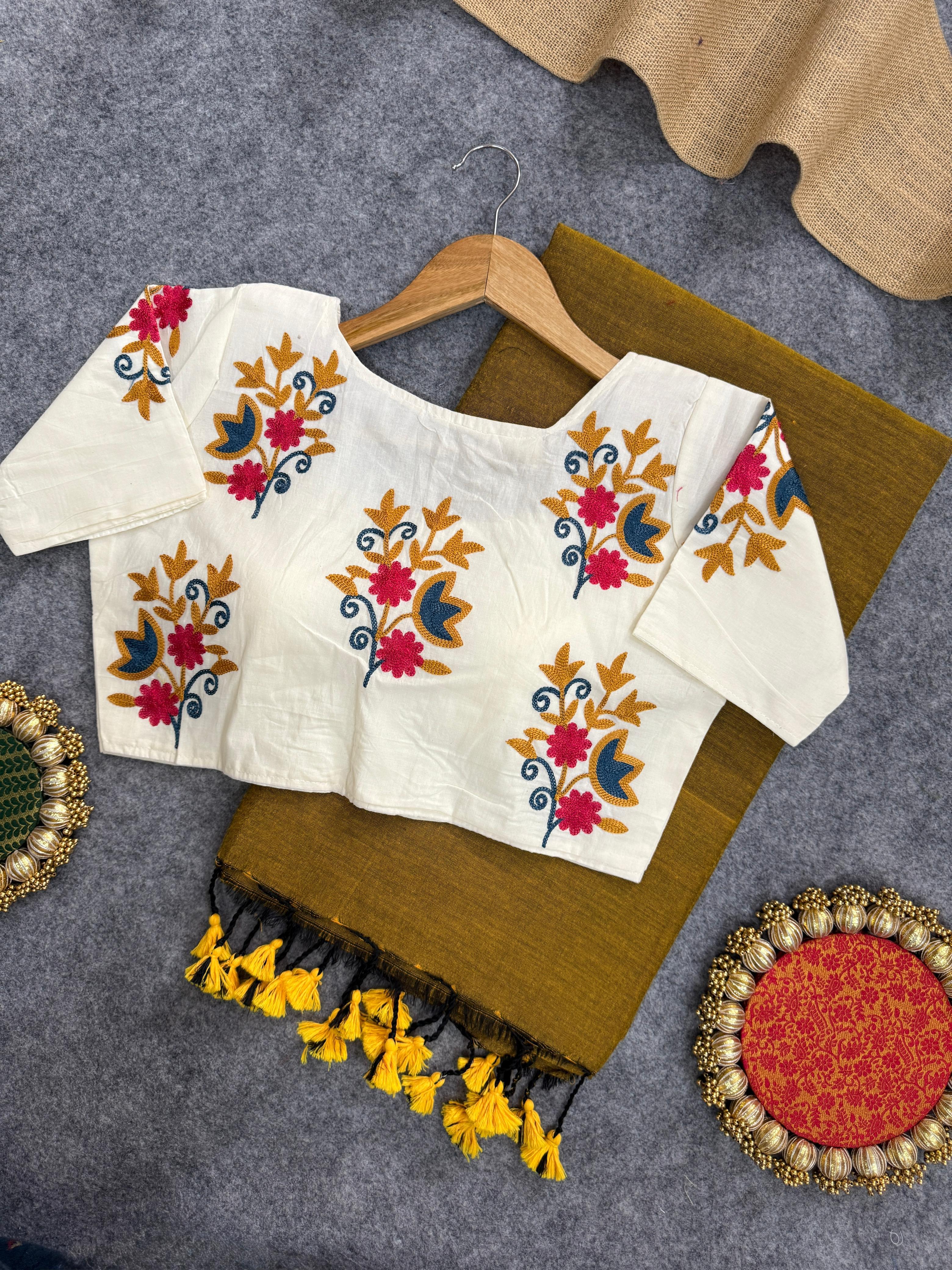 Lekha CF 146 Khadi Cotton Plain Saree With Embroidery Readymade Blouse