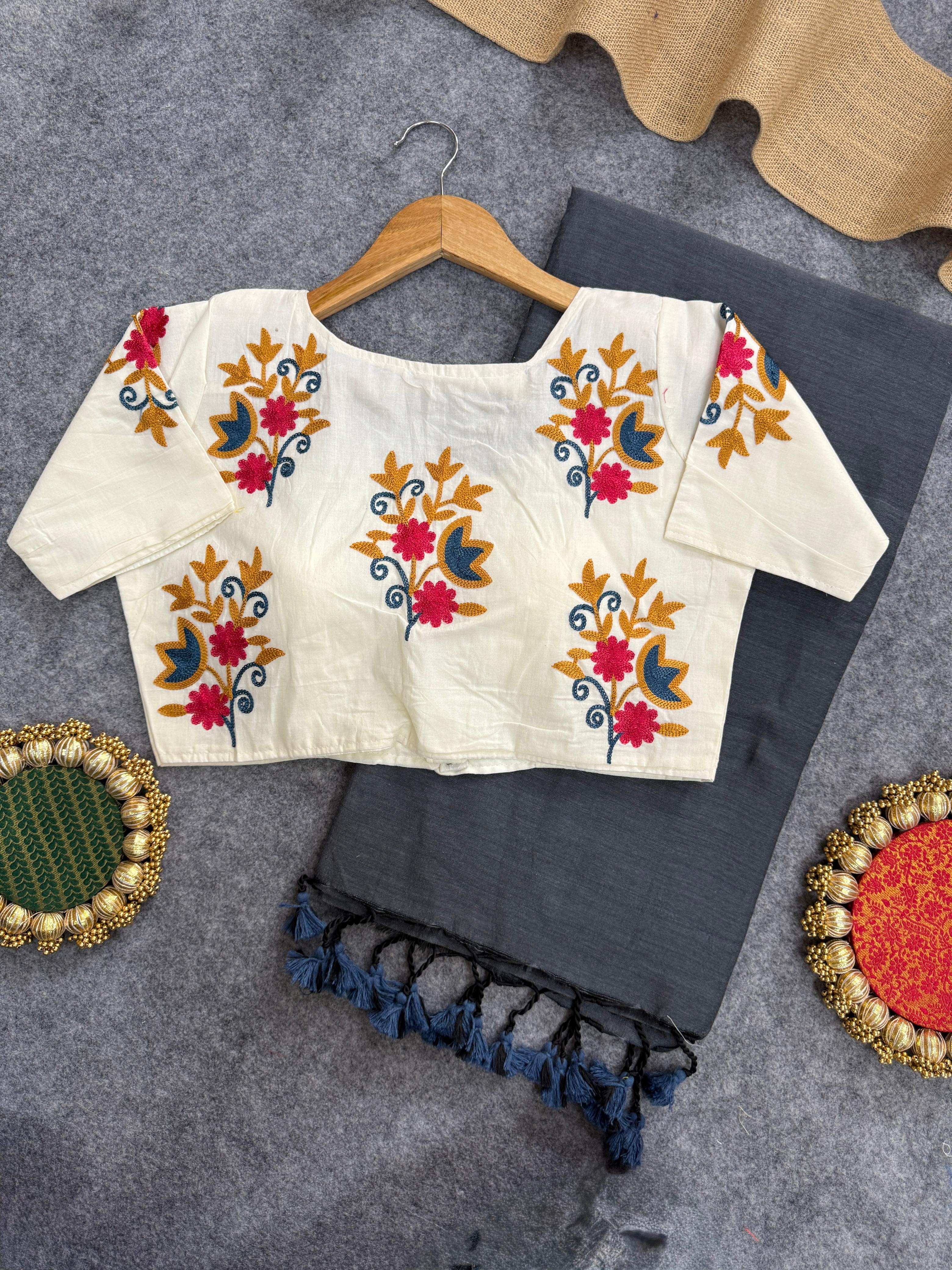 Lekha CF 146 Khadi Cotton Plain Saree With Embroidery Readymade Blouse