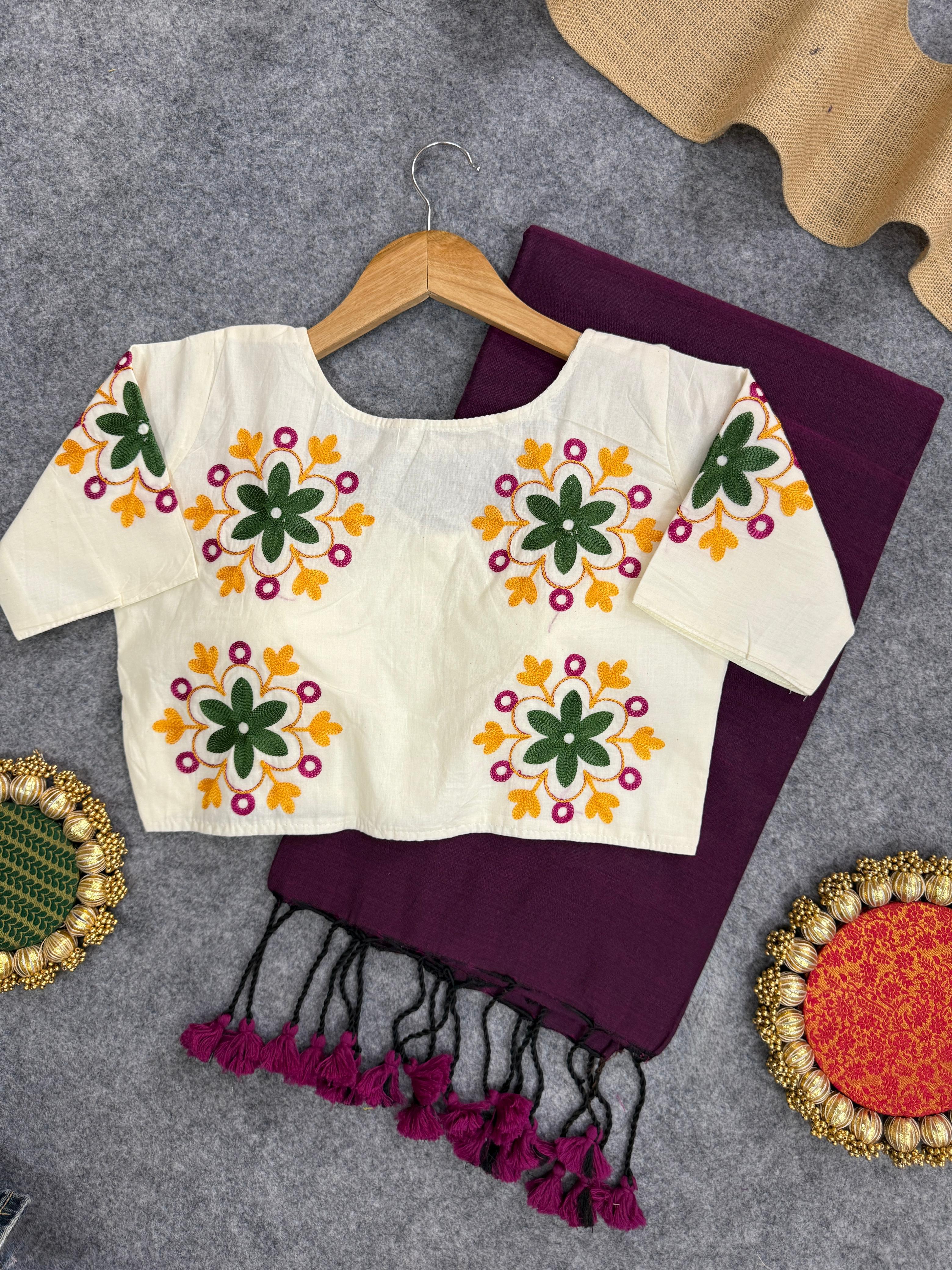 Lekha CF 146 Khadi Cotton Plain Saree With Embroidery Readymade Blouse