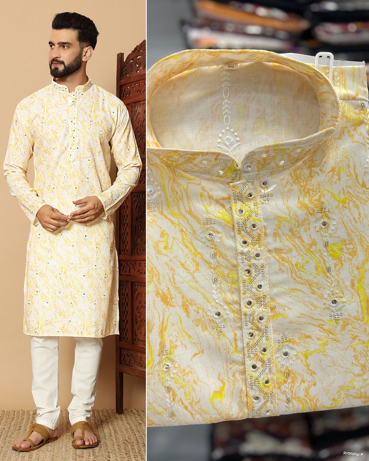 Lekha Li Rangila Linen Cotton Printed Embroidery Sequins Work Kurta Pajama