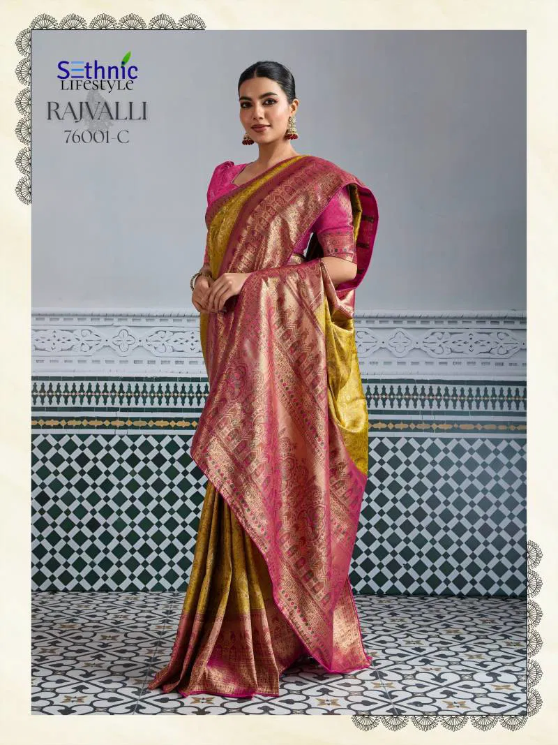 Sethnic Rajvalli Gold 76001 C Gold Kanjivaram Silk Meenakari Woven Single Saree