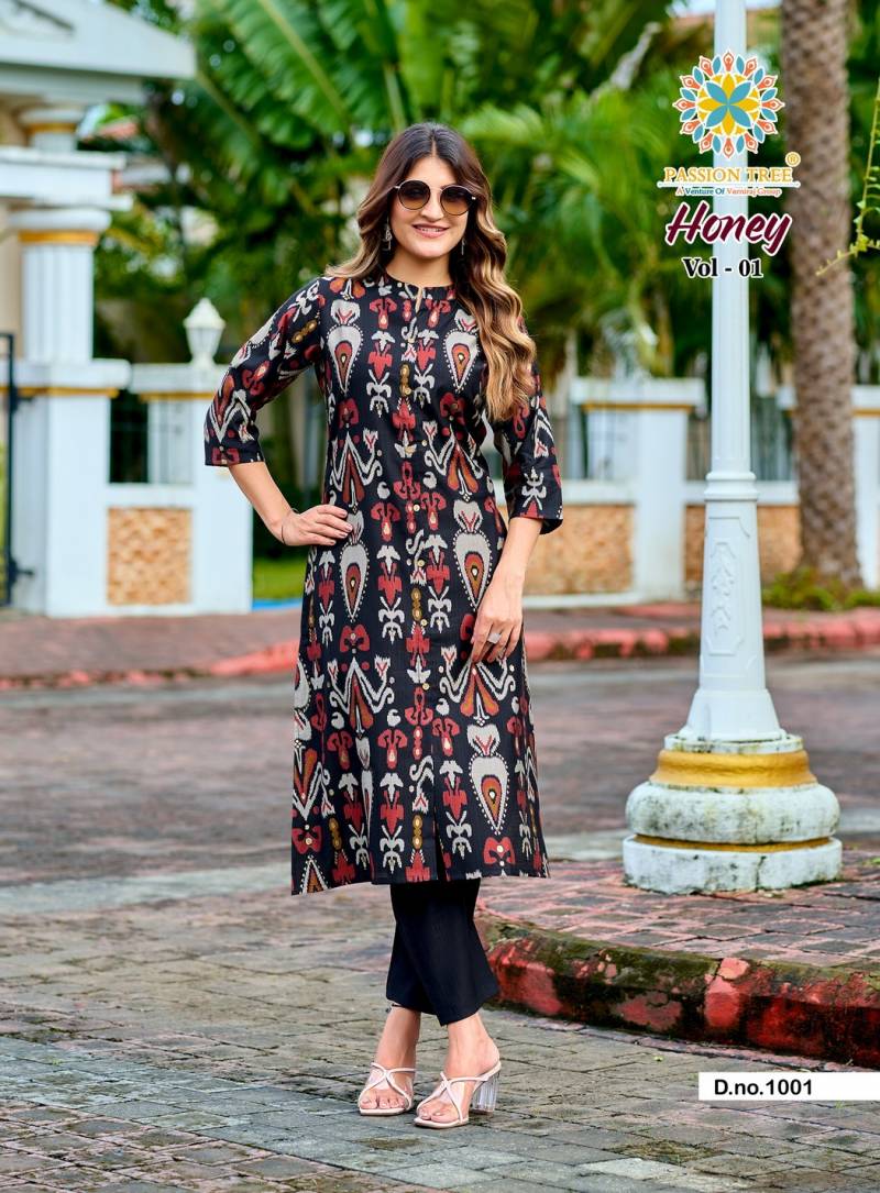 Honey Vol 1 By Passion Tree Vertican Print A Line Kurti With Bottom