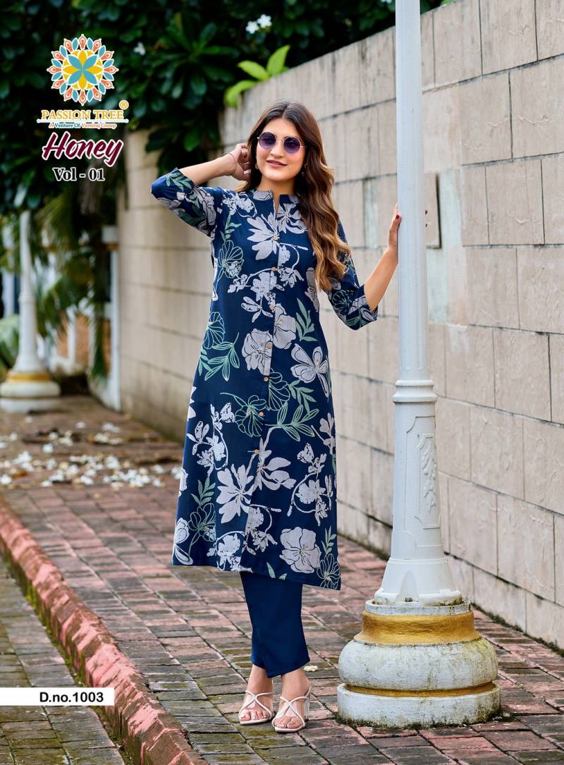 Honey Vol 1 By Passion Tree Vertican Print A Line Kurti With Bottom