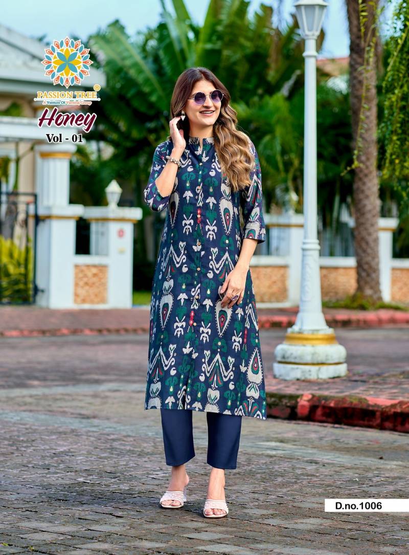 Honey Vol 1 By Passion Tree Vertican Print A Line Kurti With Bottom