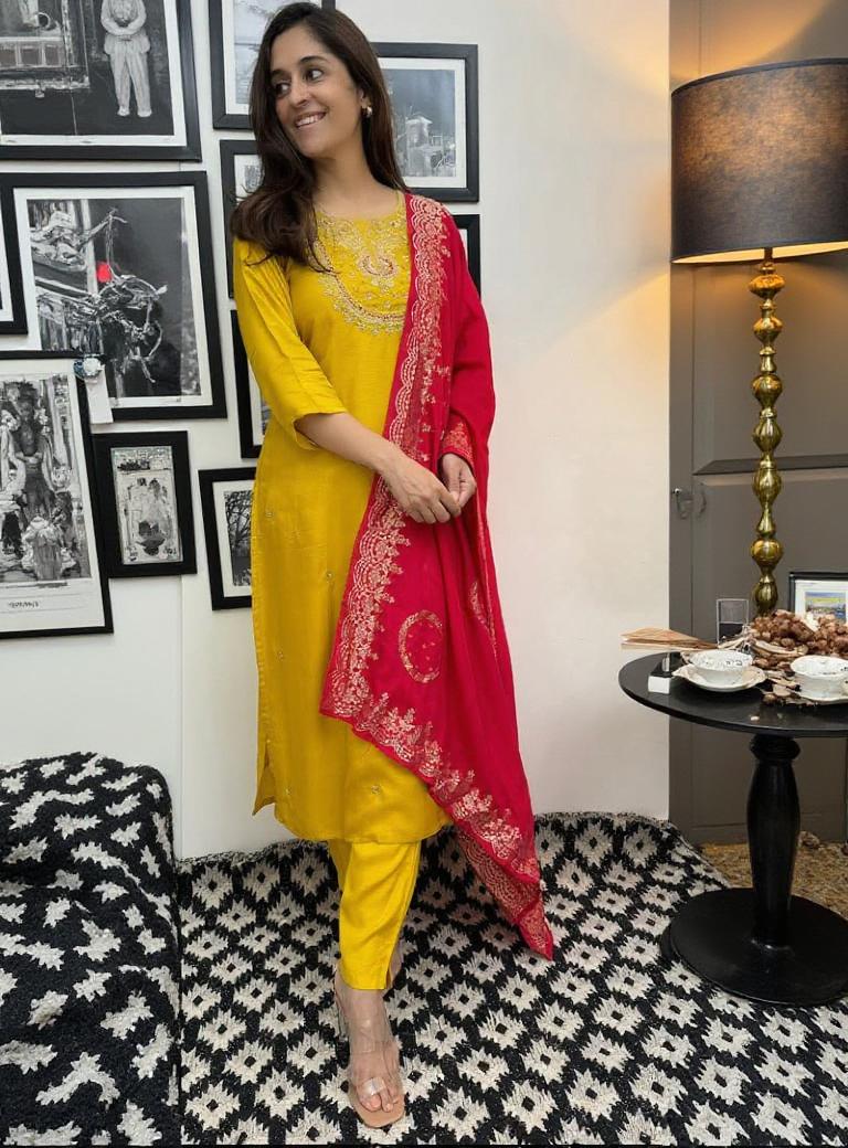Navya Kurti 126 Party Wear Embroidery Worked Cotton Silk Kurti with Pant and Dupatta Set 