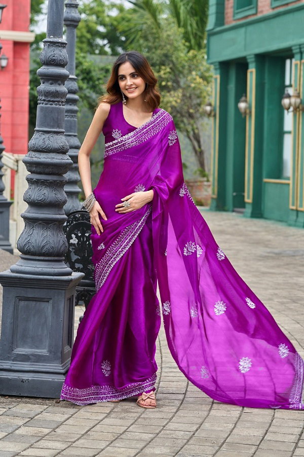Meera 308 Party Wear Embroidery Worked Shimmer Chiffon Saree With Un Stitched Blouse 