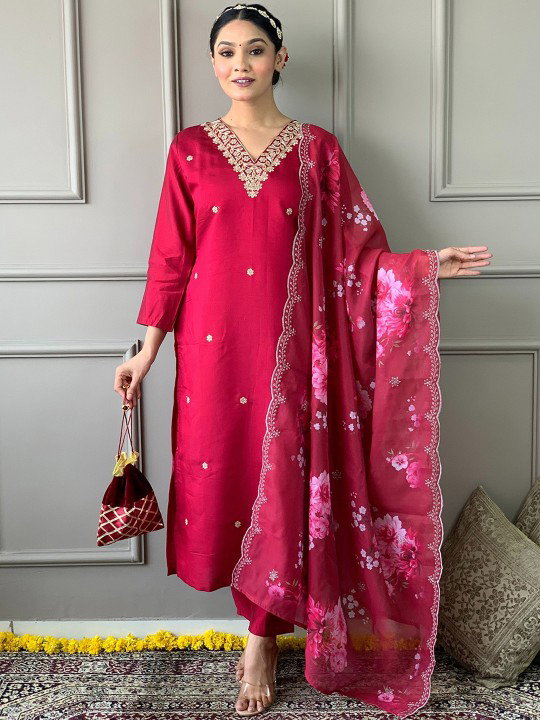 Navya Kurti 127 Party Wear Embroidery Worked Cotton Blend Kurti with Pant and Dupatta Set 