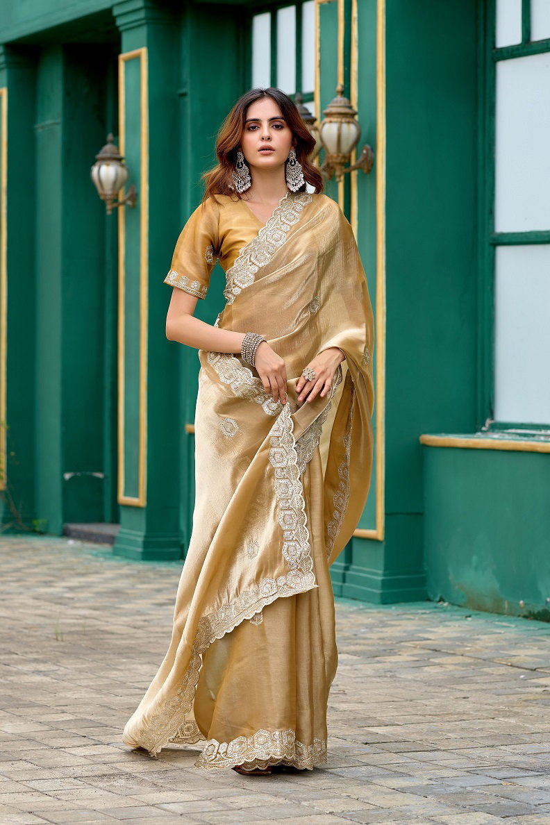 Meera 309 Party Wear Embroidery Worked Shimmer Chiffon Saree with Un Stitched Blouse