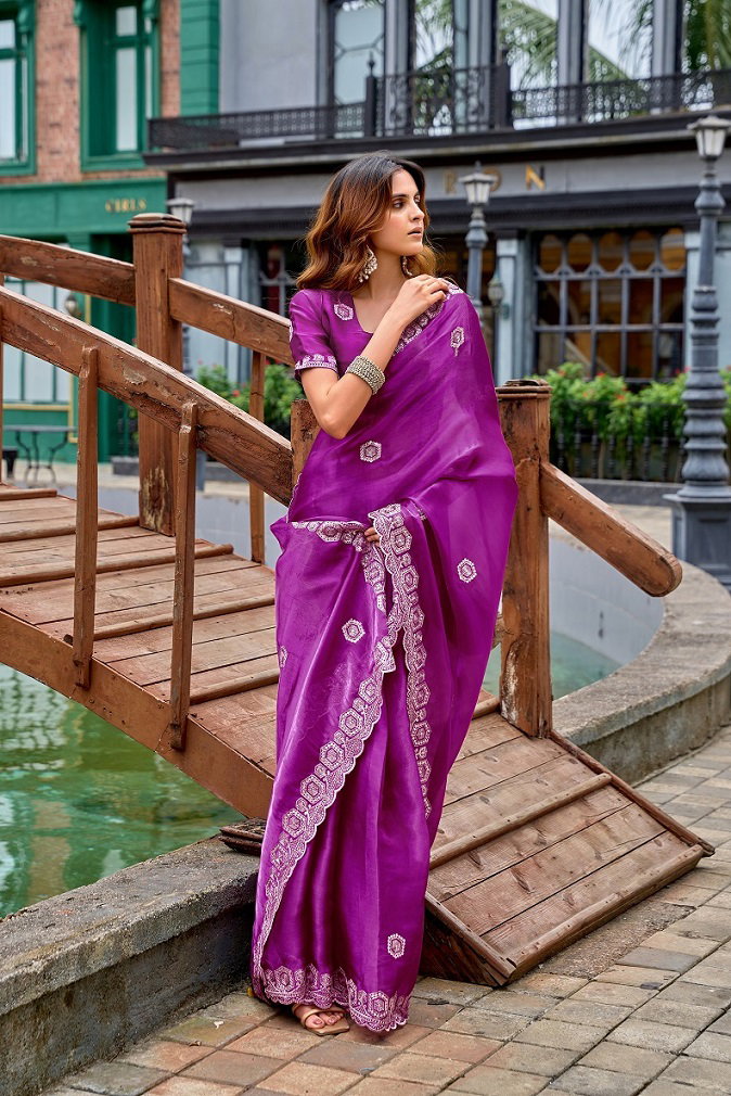 Meera 309 Party Wear Embroidery Worked Shimmer Chiffon Saree with Un Stitched Blouse
