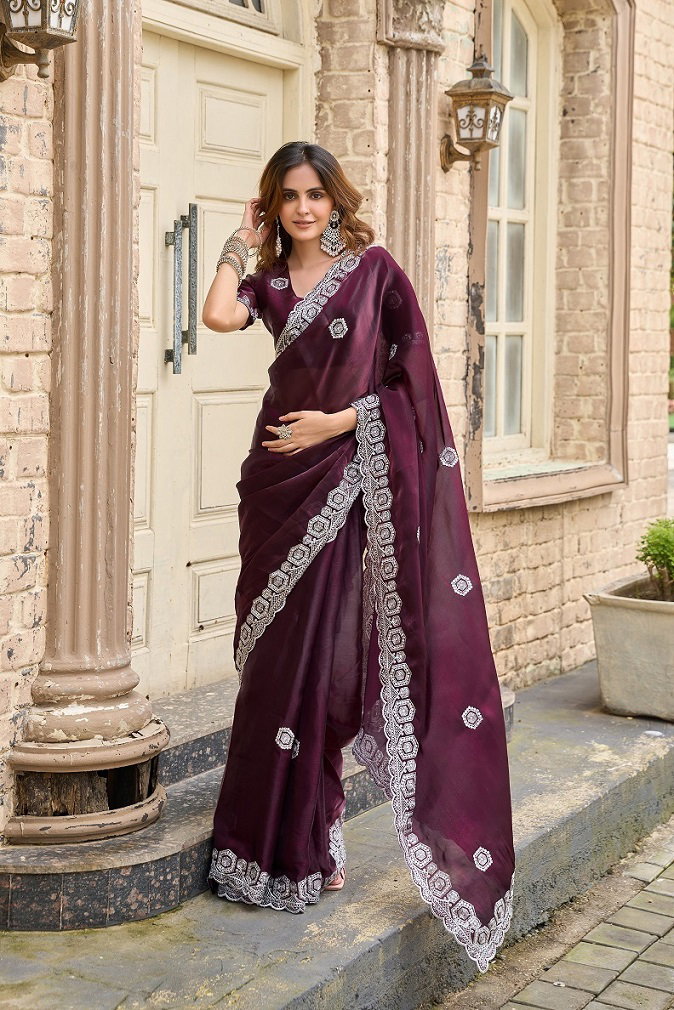 Meera 309 Party Wear Embroidery Worked Shimmer Chiffon Saree with Un Stitched Blouse