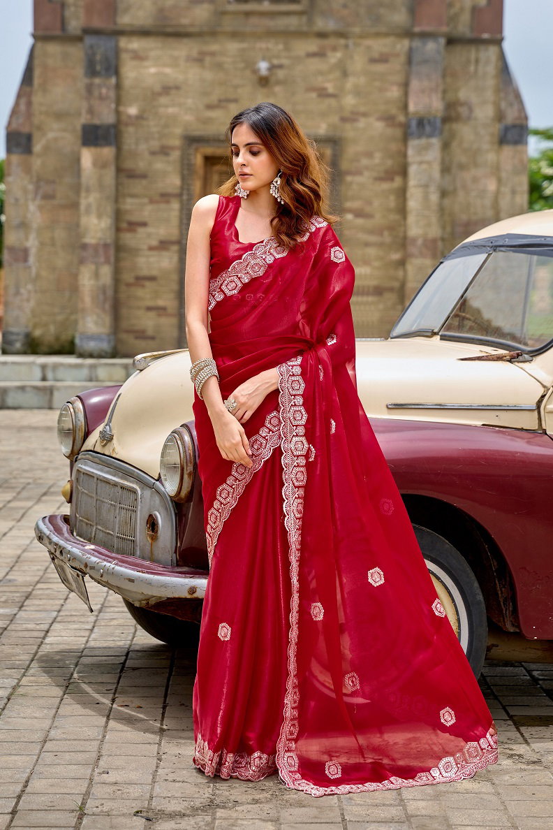 Meera 309 Party Wear Embroidery Worked Shimmer Chiffon Saree with Un Stitched Blouse