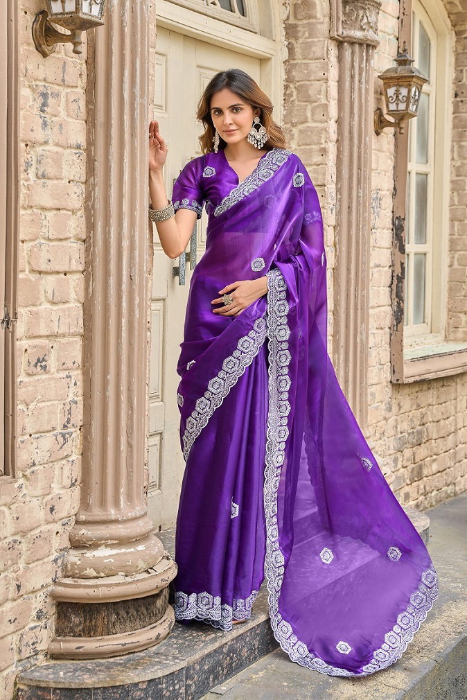 Meera 309 Party Wear Embroidery Worked Shimmer Chiffon Saree with Un Stitched Blouse