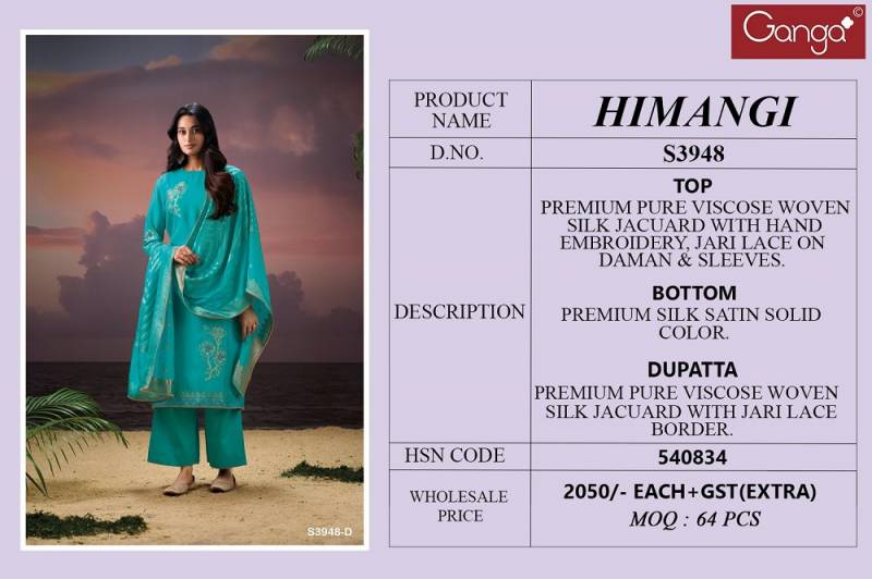 Ganga Himangi 3948 Viscose Silk Embroidered Suit Collection