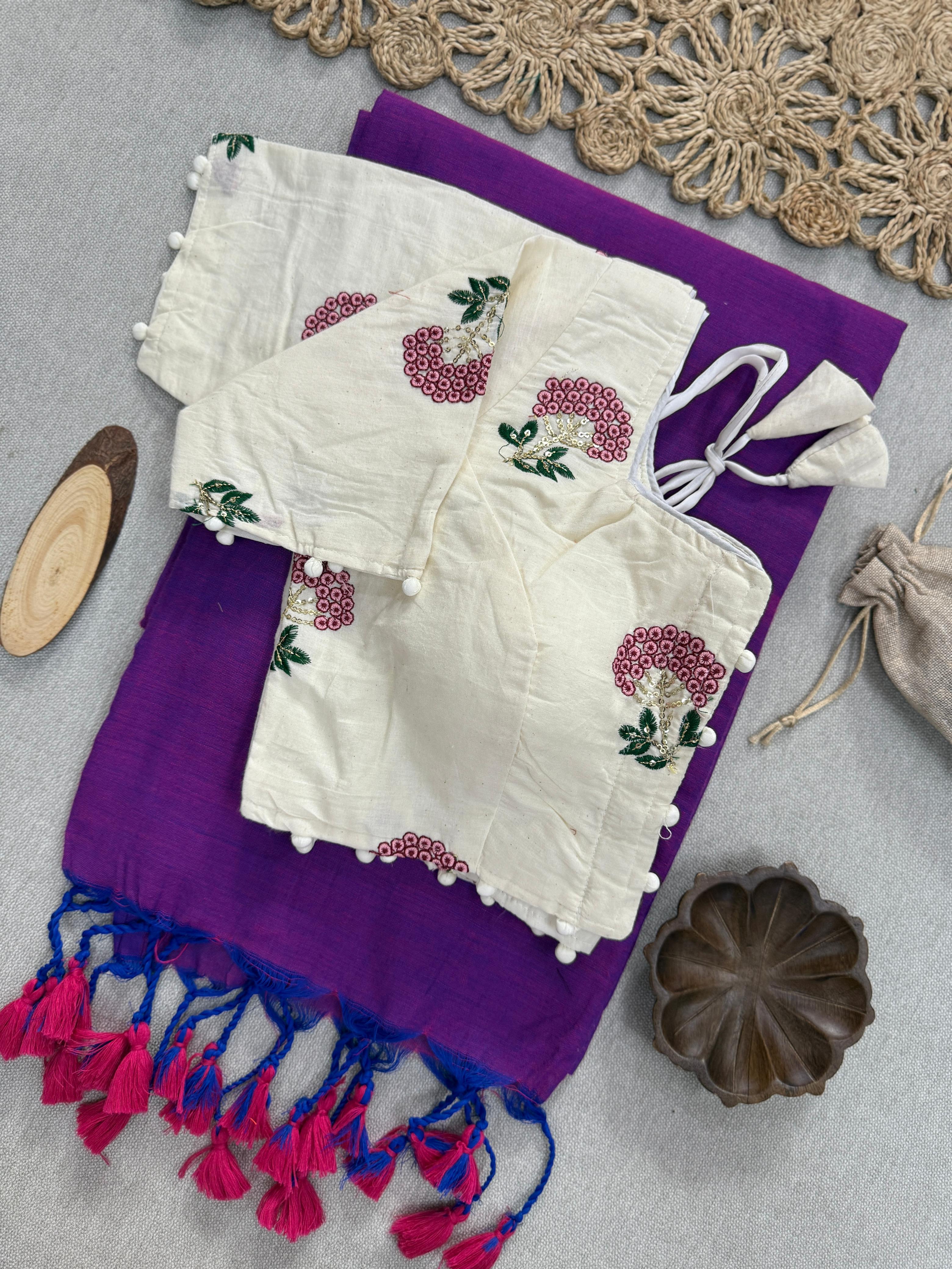 Lekha Cf 152 Khadi Cotton Plain Saree With Embroidery Readymade Blouse