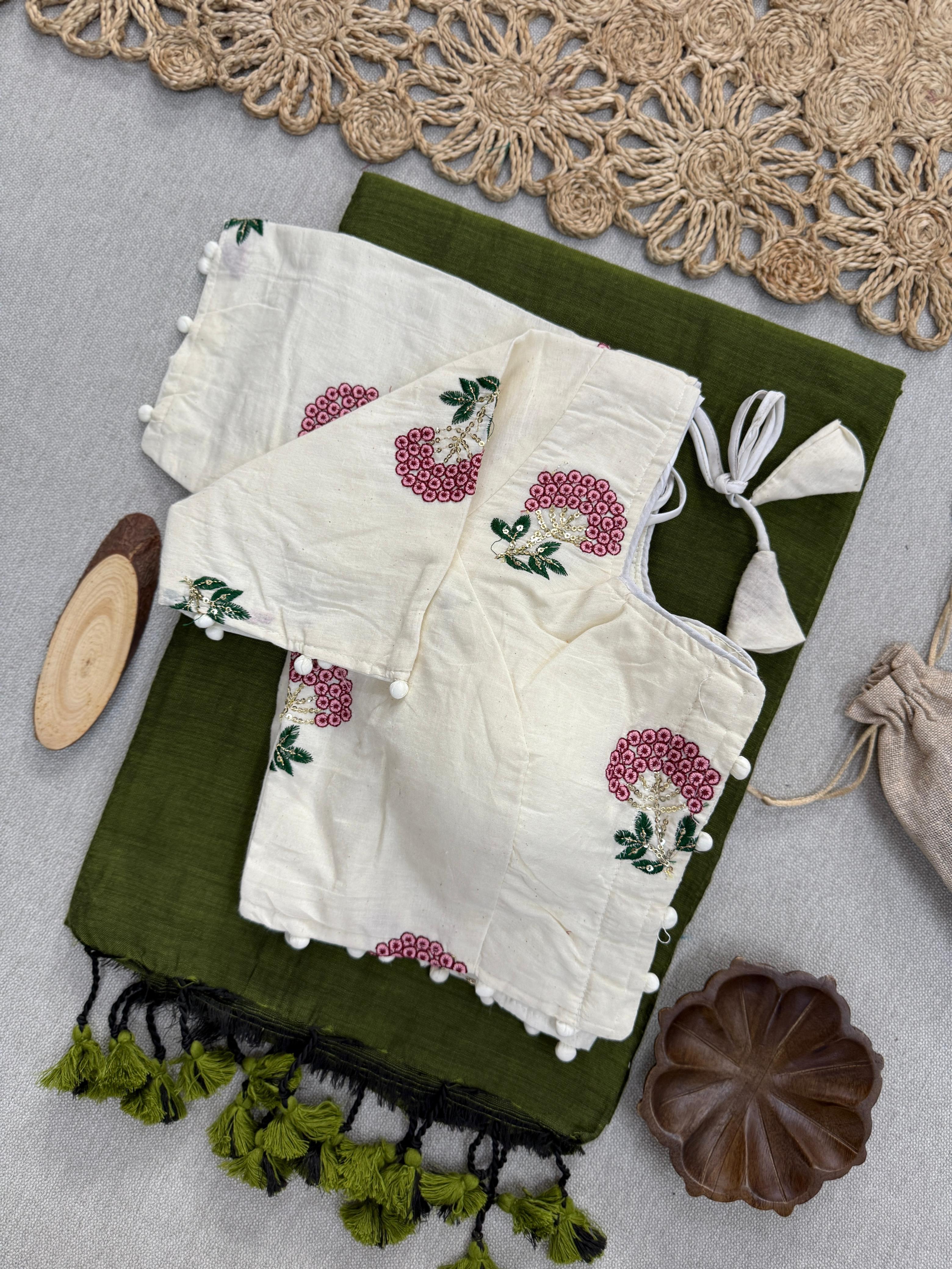Lekha Cf 152 Khadi Cotton Plain Saree With Embroidery Readymade Blouse