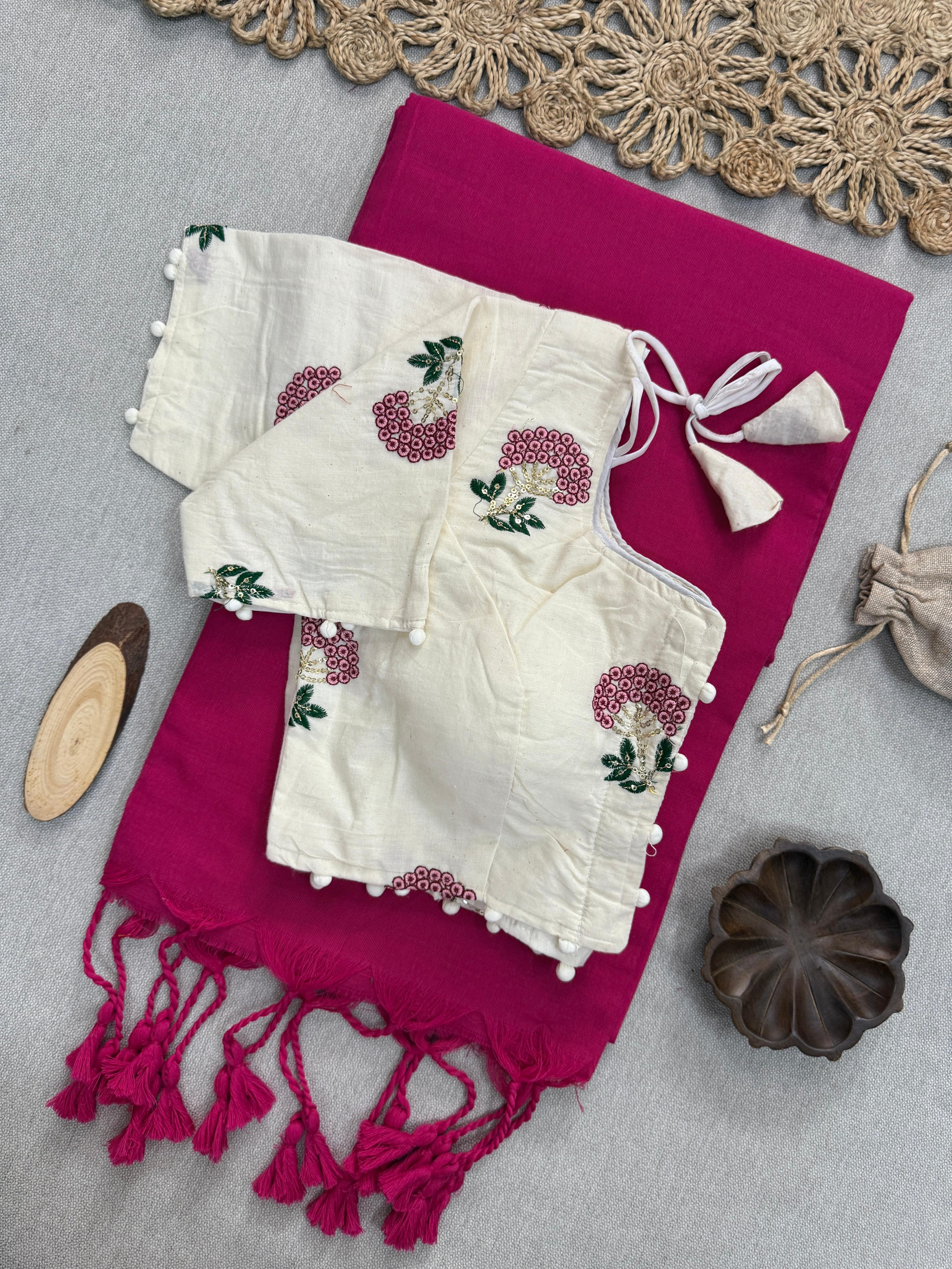 Lekha Cf 152 Khadi Cotton Plain Saree With Embroidery Readymade Blouse
