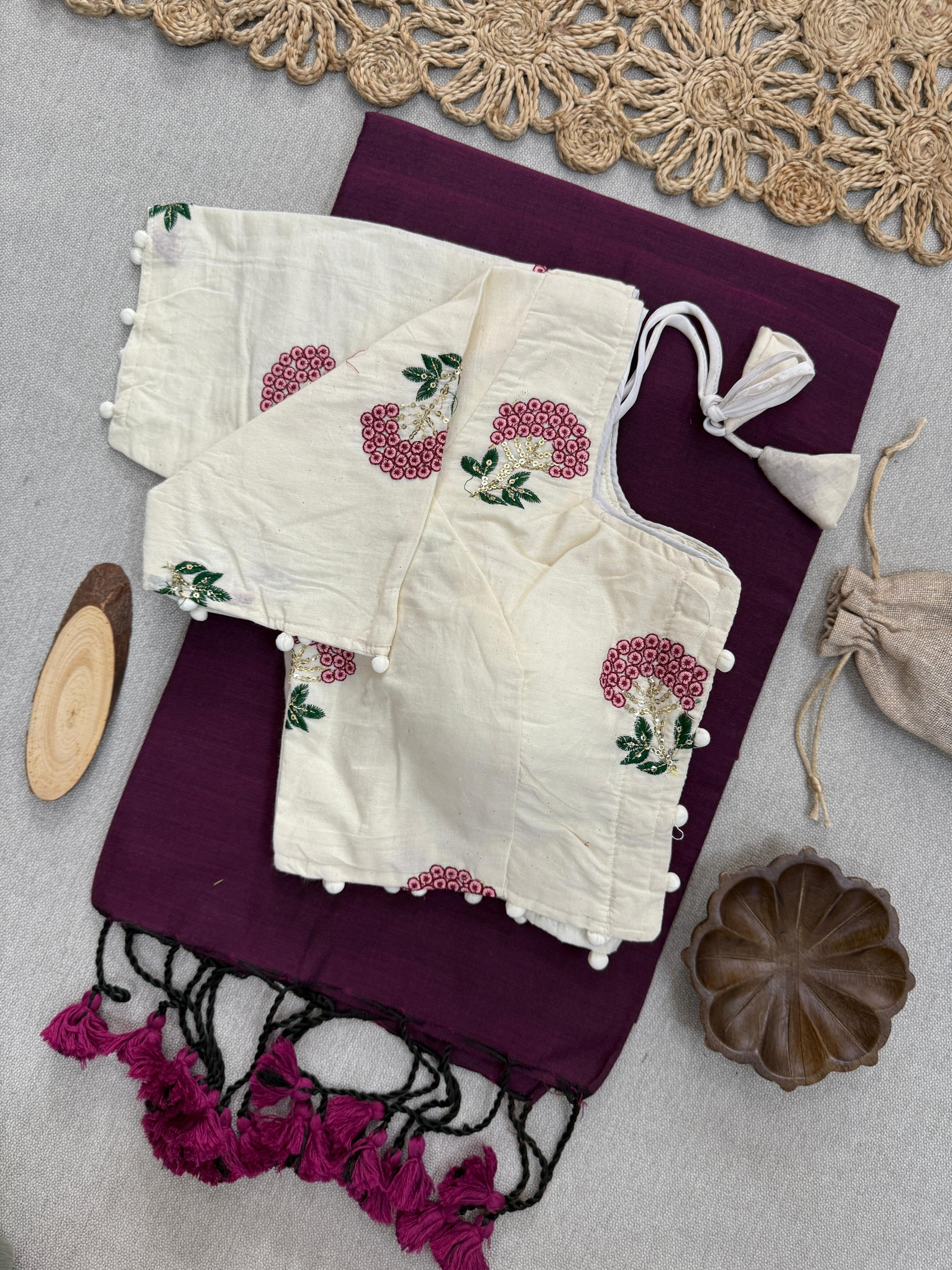 Lekha Cf 152 Khadi Cotton Plain Saree With Embroidery Readymade Blouse