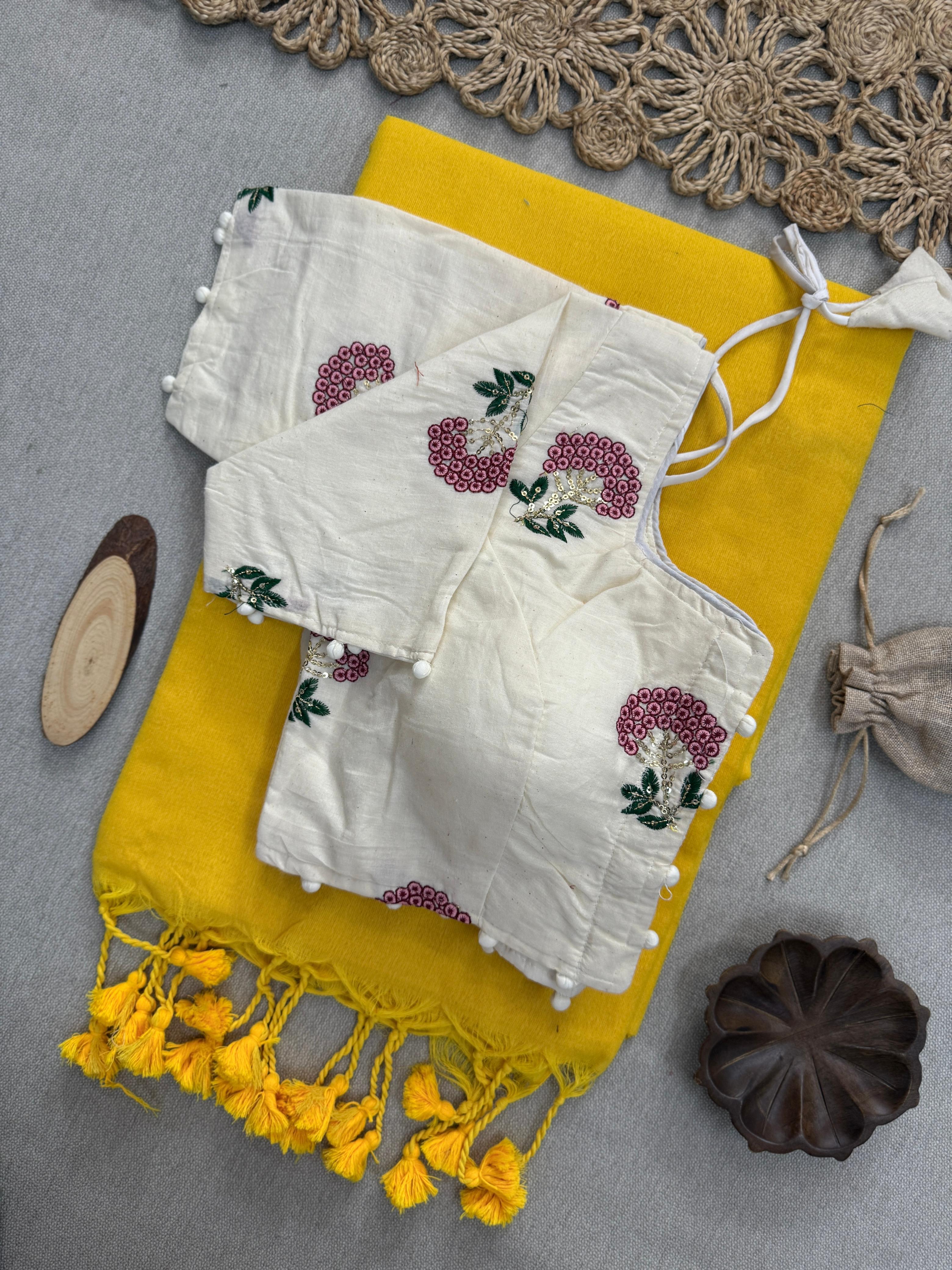 Lekha Cf 152 Khadi Cotton Plain Saree With Embroidery Readymade Blouse