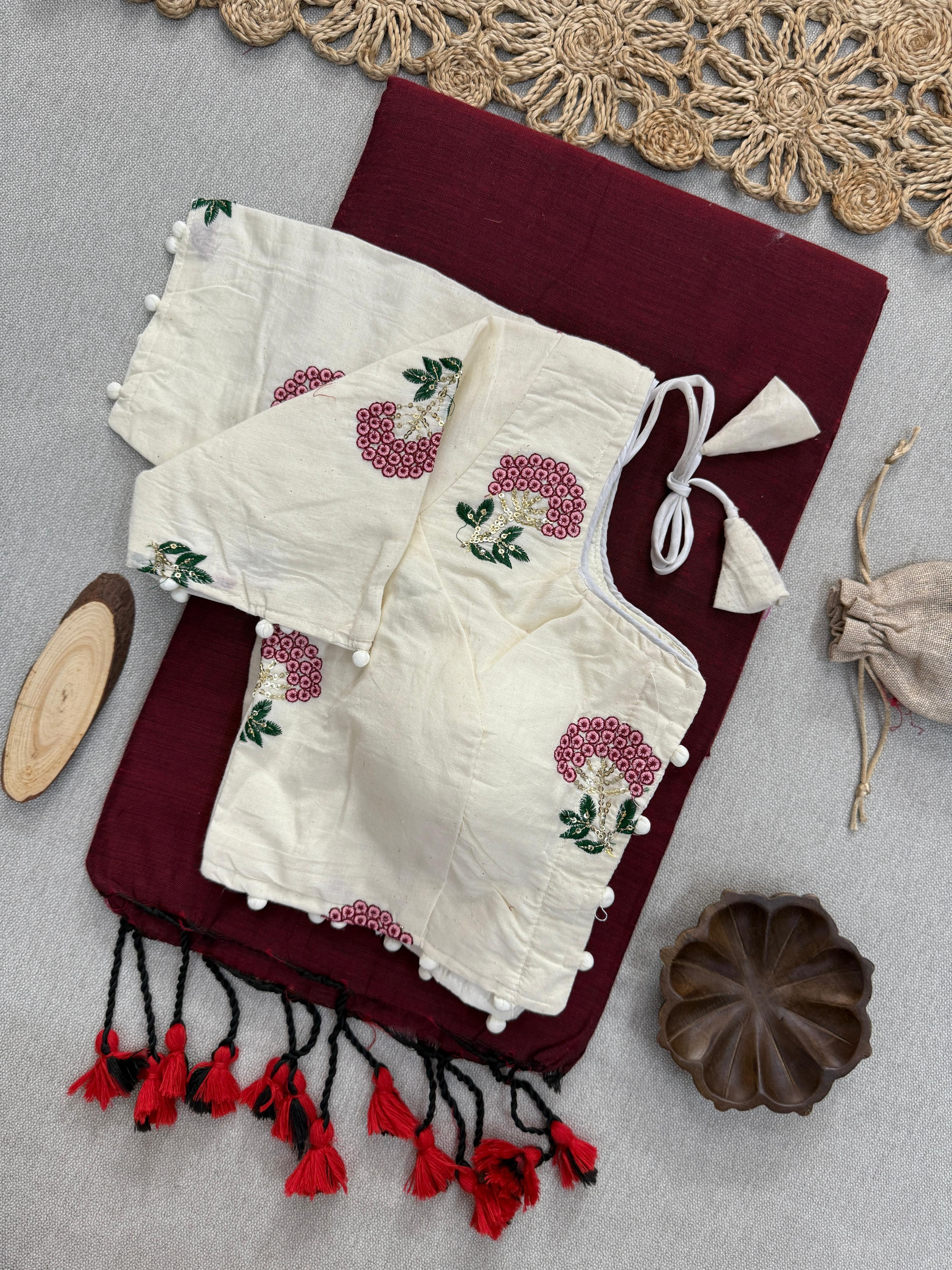 Lekha Cf 152 Khadi Cotton Plain Saree With Embroidery Readymade Blouse