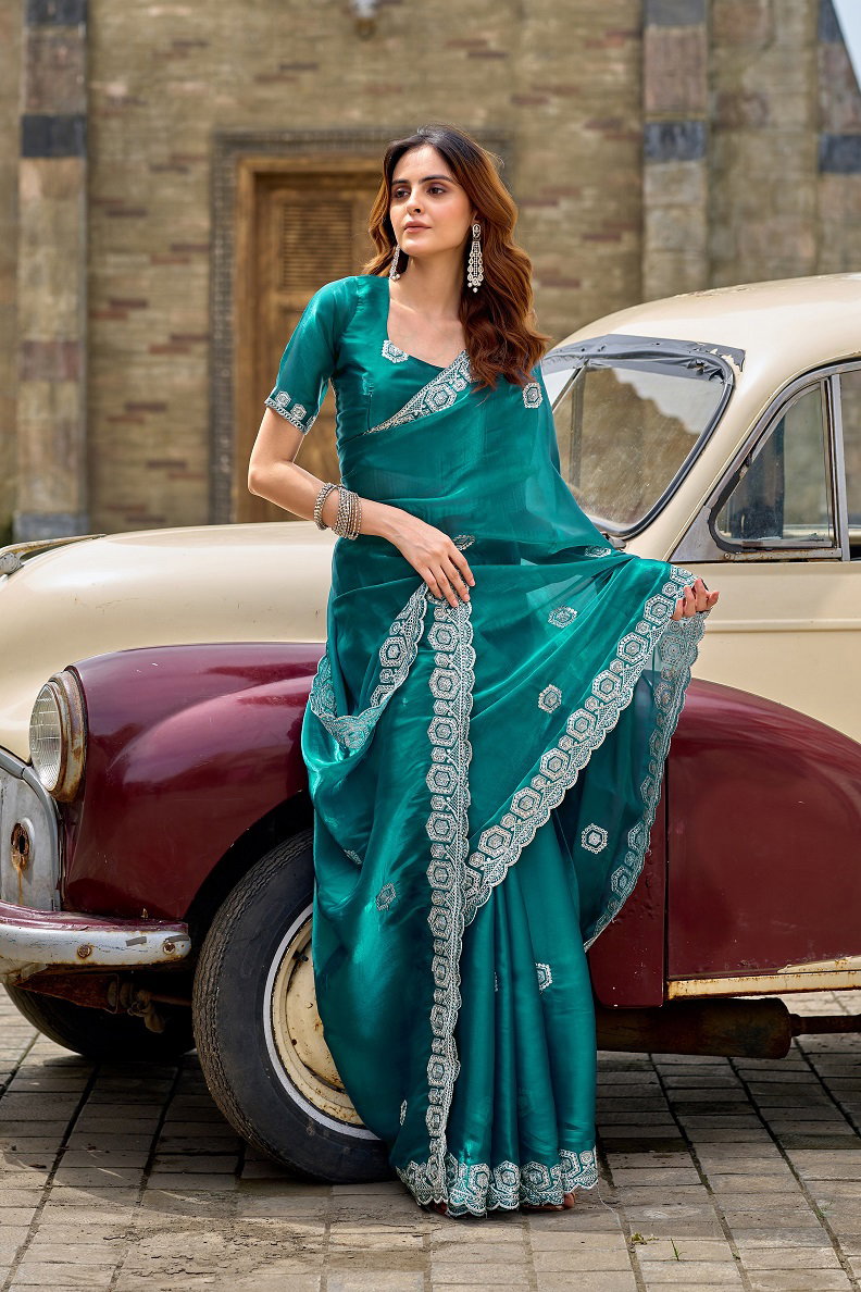 Meera 310 Party Wear Embroidery Worked Shimmer Chiffon Saree with Un Stitched Blouse