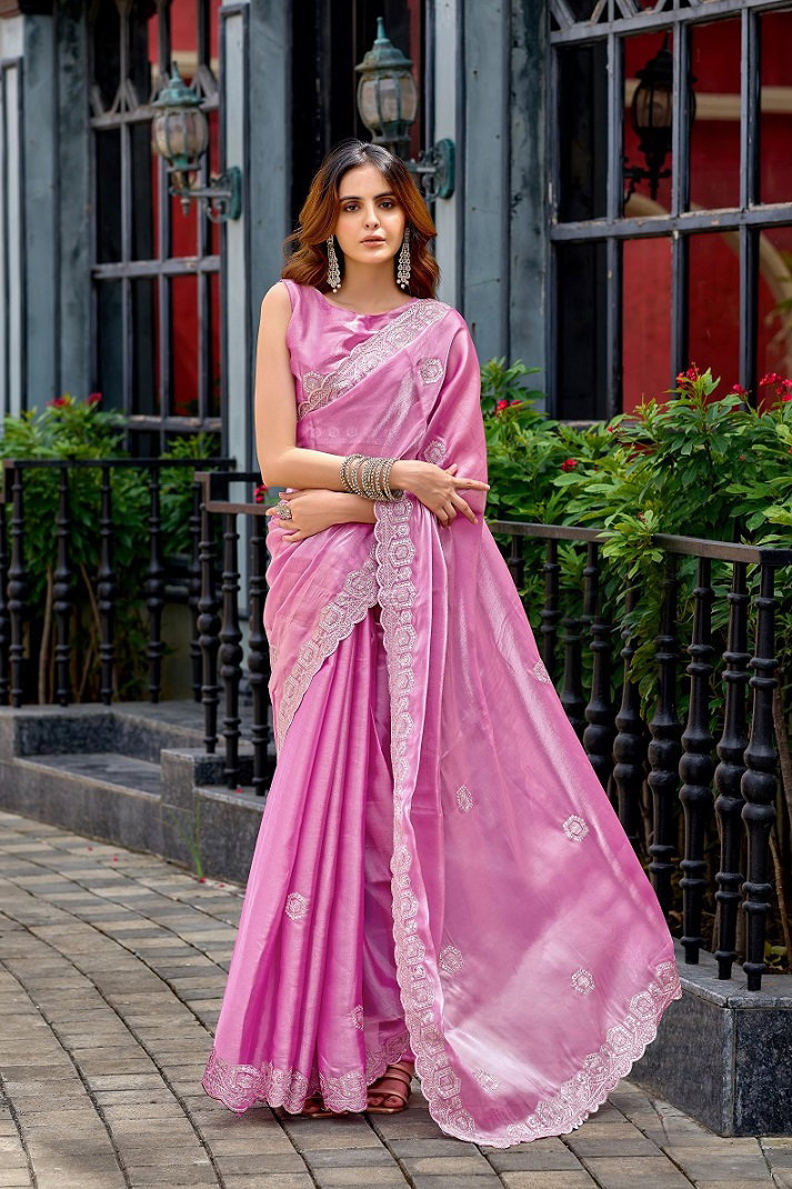 Meera 310 Party Wear Embroidery Worked Shimmer Chiffon Saree with Un Stitched Blouse