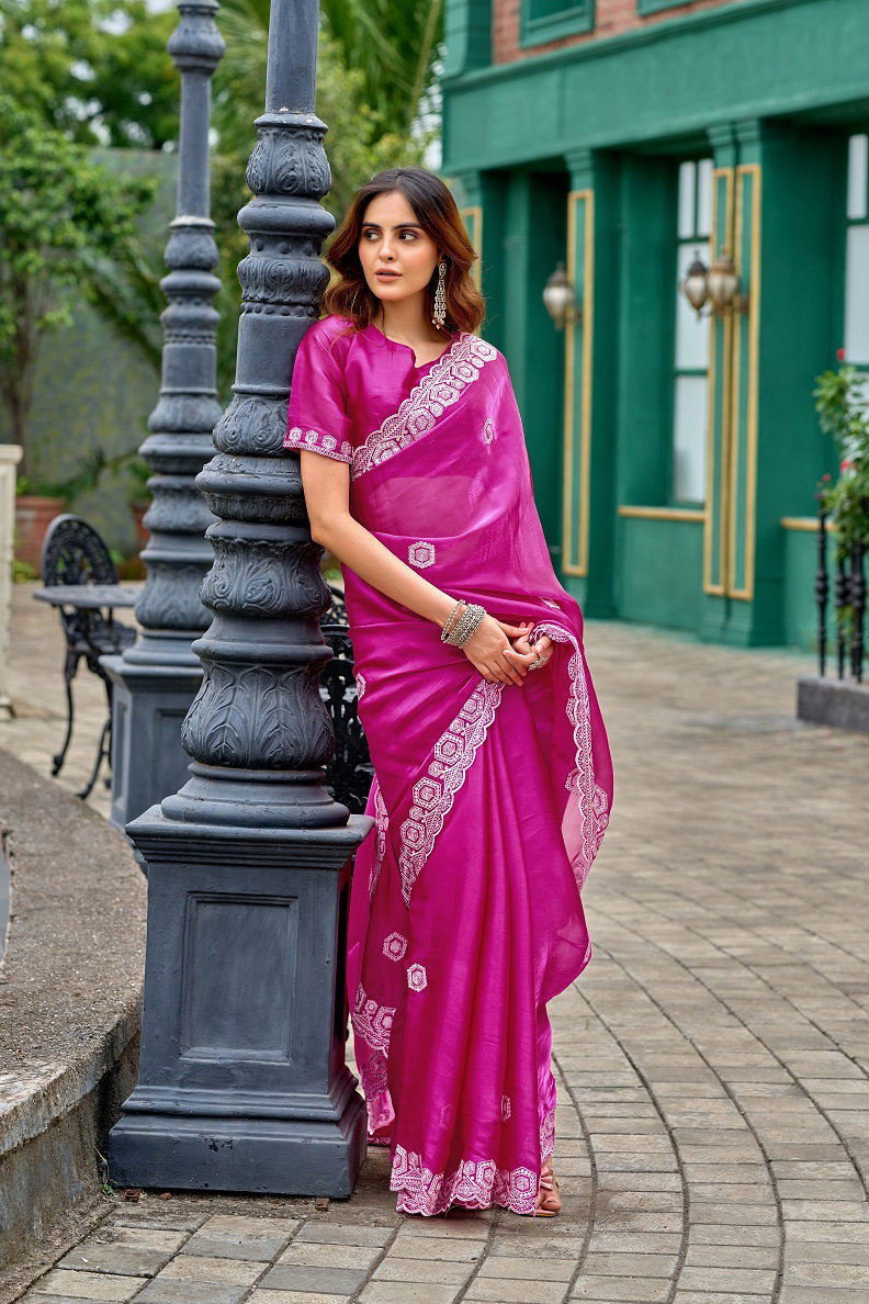Meera 310 Party Wear Embroidery Worked Shimmer Chiffon Saree with Un Stitched Blouse