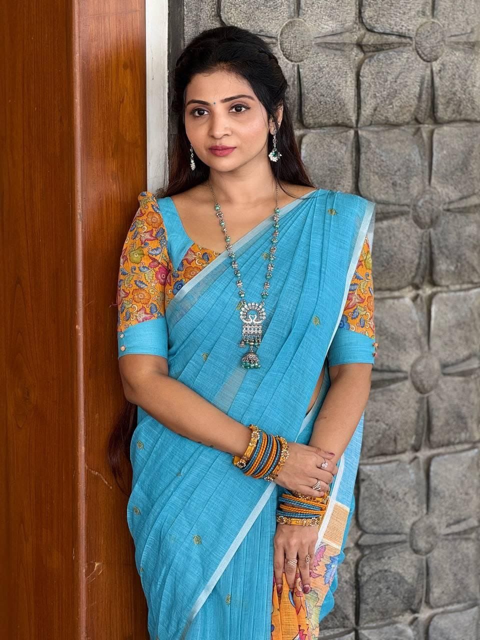 Sf MG560 Plain Linen Digital Printed Saree