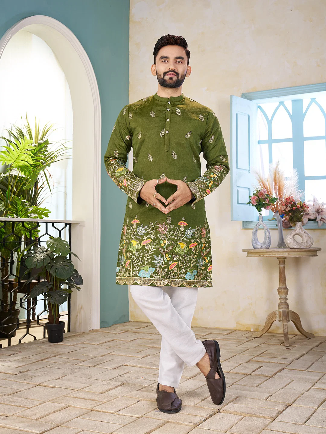 Shee Star 02 Star Georgette And Cranchi Silk Embroidery Mens Kurta
