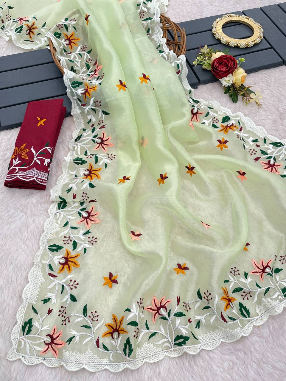 Lekha Jag Organza Thread Embroidery Work Saree