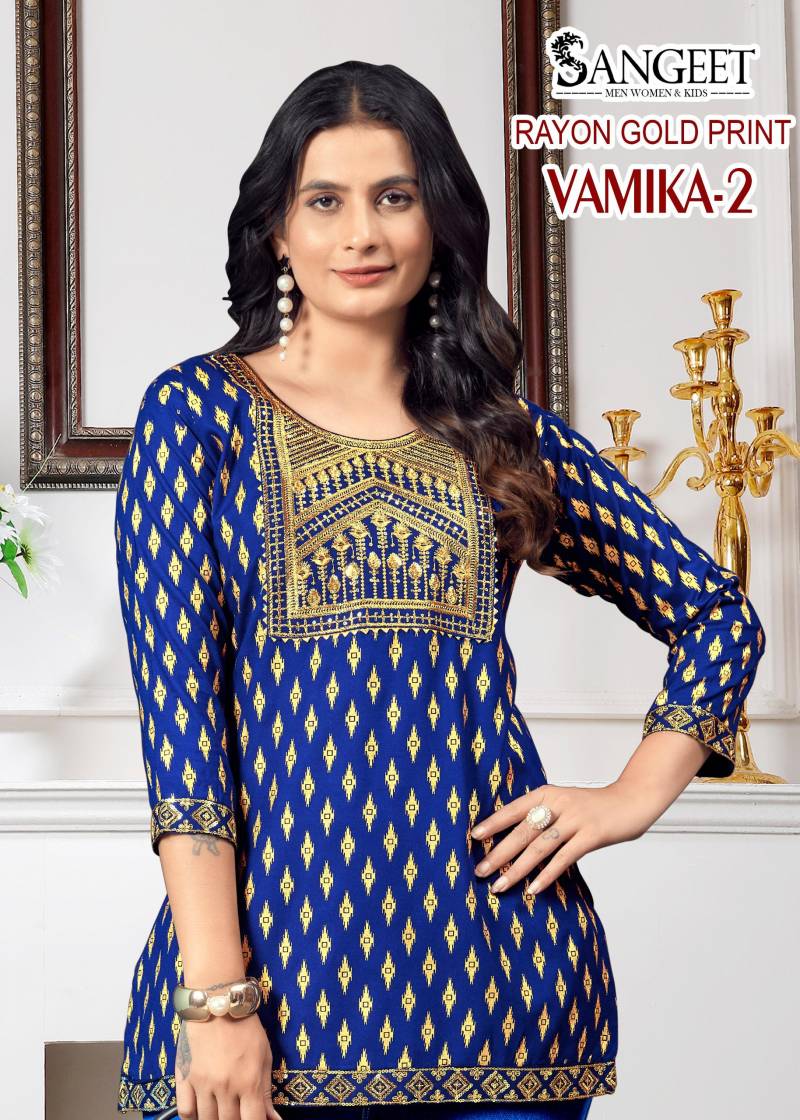 Sangeet Vamika 2 Rayon Gold Print Embroidery Short Top Collection