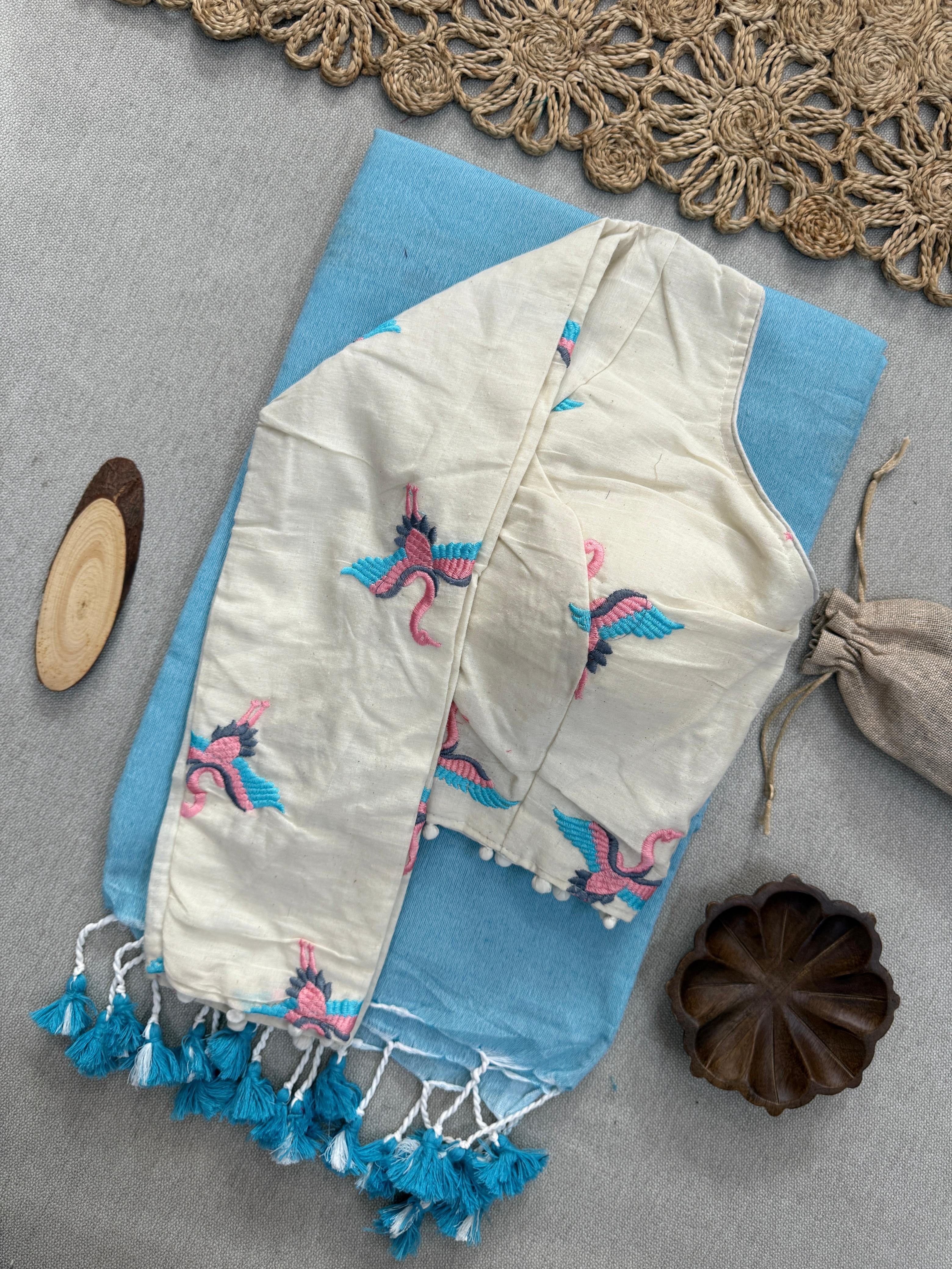 Lekha Cf 155 Khadi Cotton Plain Saree With Embroidery Readymade Blouse