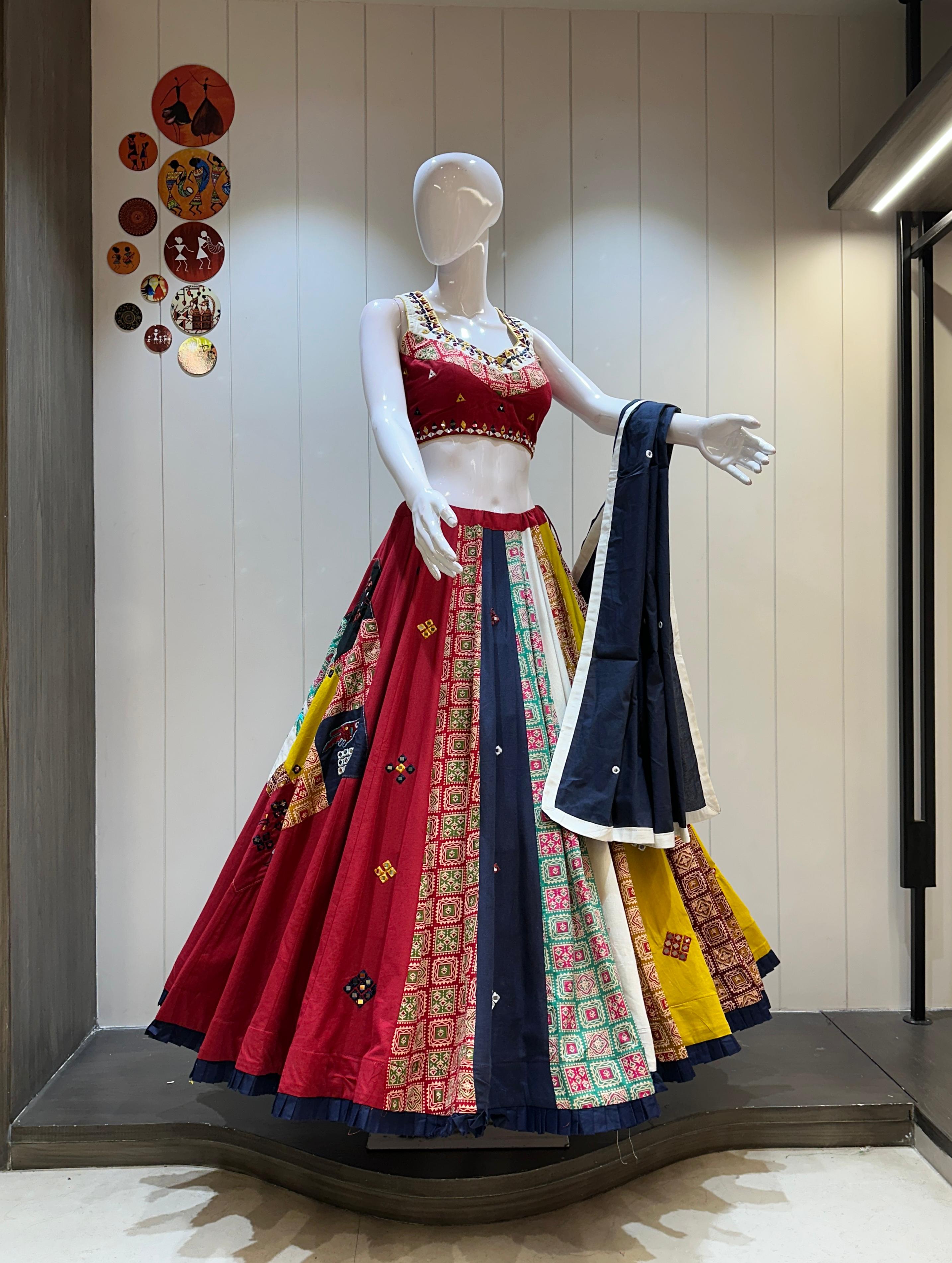 Scmd Side Patch Hathi Cotton Flex Mirror Work Lehenga Choli