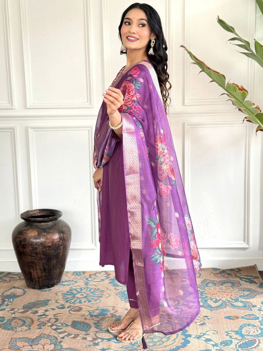 Navya Kurti 130 Party Wear Embroidery Worked Cotton Silk Kurti with Pant and Dupatta Set 